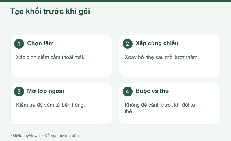 Giữ chiều đặt cành nhất quán để kiểm soát điểm buộc.