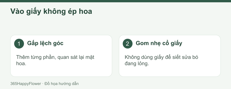 Giấy bao quanh hình khối đã tạo, giữ các bông chính dễ nhìn.
