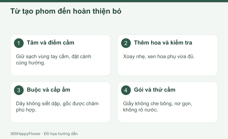 Buộc ổn định phần cành trước khi vào giấy và thắt nơ.