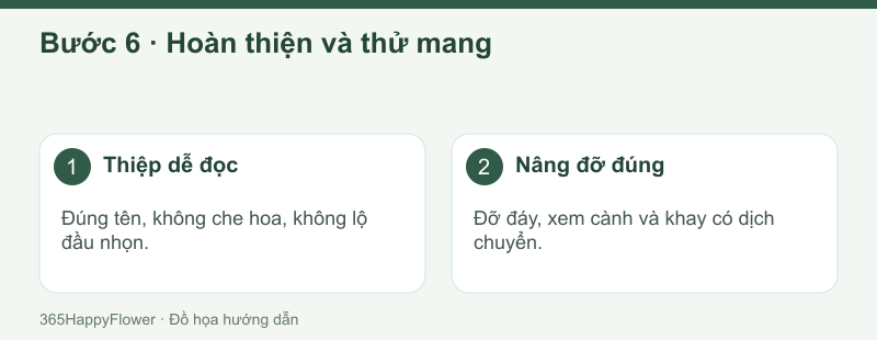 Thử khi lẵng đã có đủ hoa, nước và thiệp.