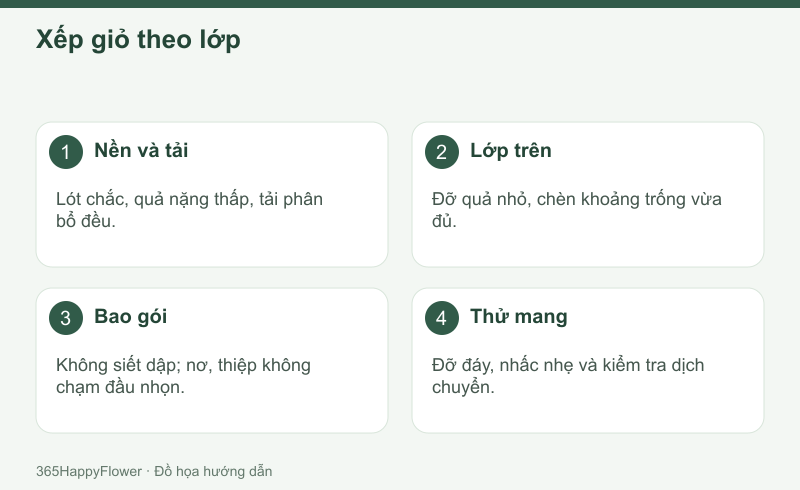 Cố định bằng kết cấu và vật liệu phù hợp, tránh keo hoặc xiên quả.