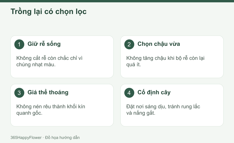Giữ lại rễ khỏe và đặt cổ cây thoáng trên giá thể.