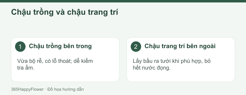 Chọn chậu vừa rễ và kiểm tra đường thoát nước thừa.