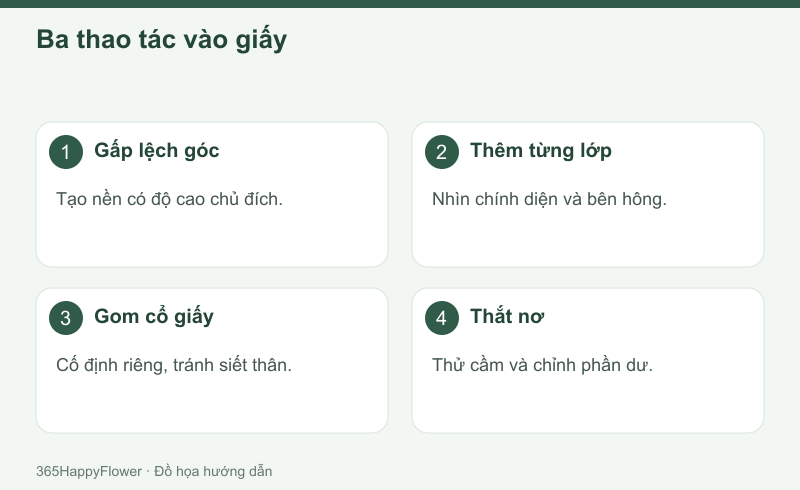 Gấp và gom nhẹ để giấy không ép biến dạng khối hoa.