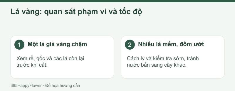 Phân biệt lá già vàng chậm với tổn thương đang lan nhanh.