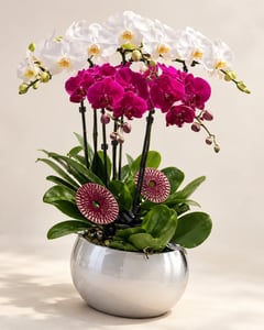 Chậu lan hồ điệp trắng tím 5 cành để bàn LHĐ37 nhìn góc nghiêng
