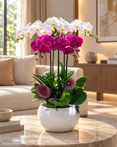 Chậu lan hồ điệp trắng tím 5 cành để bàn LHĐ37 đặt trong phòng khách (ảnh minh hoạ)