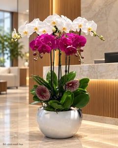 Chậu lan hồ điệp trắng tím 5 cành để bàn LHĐ37 đặt ở văn phòng (ảnh minh hoạ)