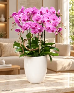 Chậu lan hồ điệp tím hồng 8 cành phối lũa gỗ LHĐ31 đặt trong phòng khách (ảnh minh hoạ)