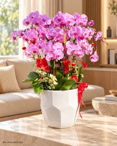 Chậu lan hồ điệp hồng tím chậu sứ đa giác chưng Tết LHĐ32 đặt trong phòng khách (ảnh minh hoạ)