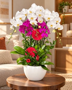 Chậu lan hồ điệp trắng tím 2 tầng mừng kỷ niệm LHĐ17 đặt trong phòng khách (ảnh minh hoạ)