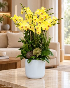 Chậu lan hồ điệp vàng 6 cành phối tùng sen đá LHĐ33 đặt trong phòng khách (ảnh minh hoạ)
