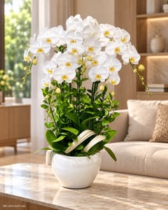 Chậu lan hồ điệp trắng 8 cành tặng doanh nghiệp LHĐ10 đặt trong phòng khách (ảnh minh hoạ)