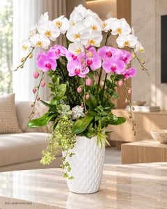 Chậu lan hồ điệp trắng hồng 2 tầng tặng sinh nhật LHĐ05 đặt trong phòng khách (ảnh minh hoạ)