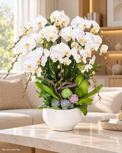 Chậu lan hồ điệp trắng 10 cành mừng tân gia LHĐ21 đặt trong phòng khách (ảnh minh hoạ)