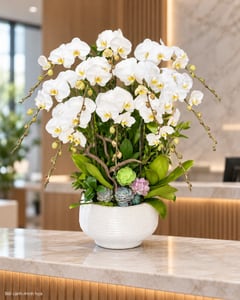 Chậu lan hồ điệp trắng 10 cành mừng tân gia LHĐ21 đặt ở văn phòng (ảnh minh hoạ)