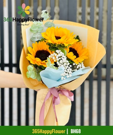 Bó hoa 3 bông hướng dương phối baby giấy kraft vàng BH68