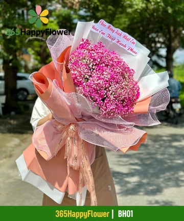 Bó hoa baby nhuộm hồng cánh sen gói giấy cam đào BH01