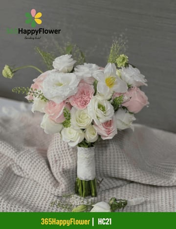 Hoa cưới cầm tay cát tường trắng và hồng pastel HC21