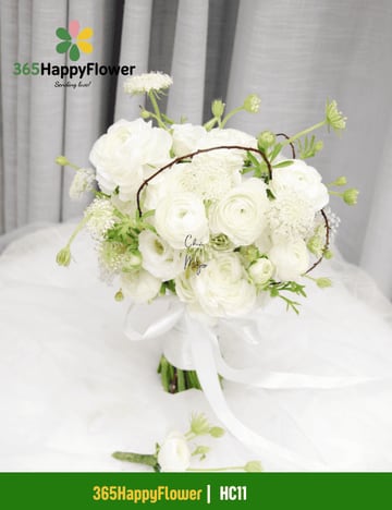 Bó hoa cưới mao lương trắng ruy băng lụa dài HC11