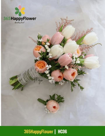 Hoa cầm tay cô dâu tulip hồng pastel và hồng đào HC06