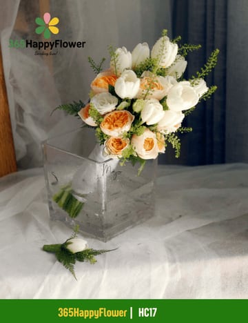 Bó hoa cưới tulip trắng mix hồng cam đào HC17