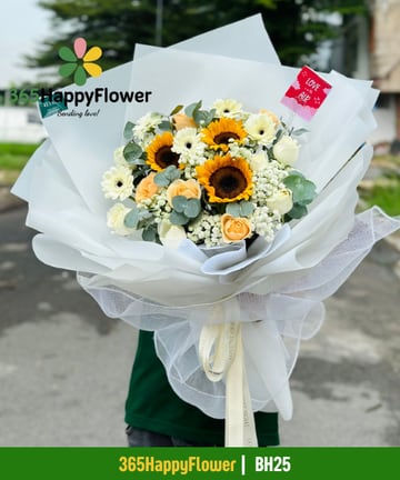 Bó hoa hướng dương hồng cam đào và cúc trắng giấy lưới BH25