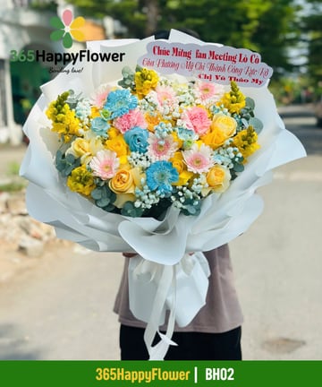Bó hoa hồng vàng đồng tiền hồng và đồng tiền xanh BH02