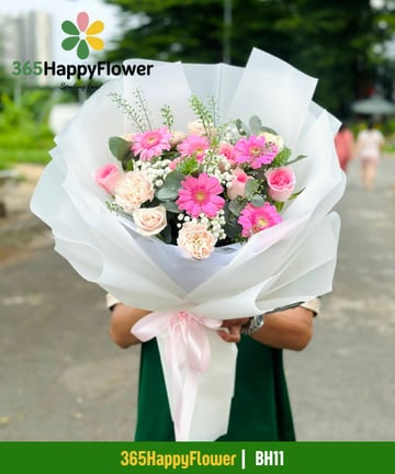 Bó hoa đồng tiền hồng phối hồng phấn và hồng kem BH11