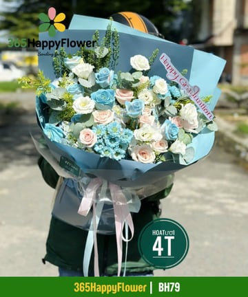 Bó hoa hồng xanh dương hồng trắng và hồng kem đào BH79