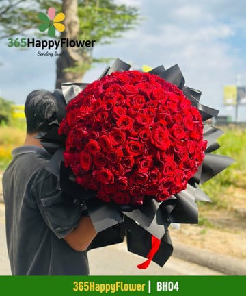 Bó hoa hồng đỏ cắm dày khổ đại gói giấy đen BH04
