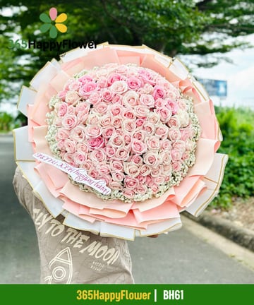 Bó hoa hồng phấn và hồng kem khổ đại viền baby BH61
