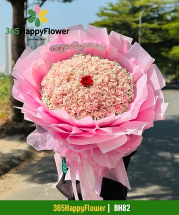 Bó hoa hồng kem khổ đại điểm 1 hồng đỏ viền baby BH82