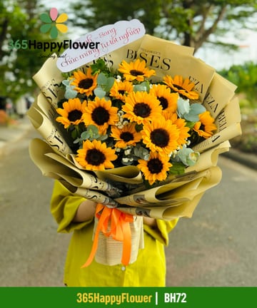 Bó hoa hướng dương phối baby gói giấy báo kraft BH72