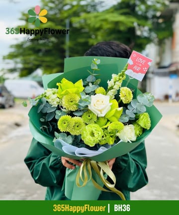 Bó hoa tone xanh lá cúc pingpong xanh và hồng trắng BH36