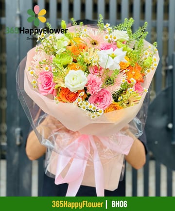 Bó hoa mix hồng trắng hồng cam và đồng tiền giấy hồng BH06