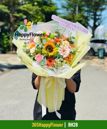 Bó hoa mix hướng dương hồng cam đồng tiền tặng tốt nghiệp BH28