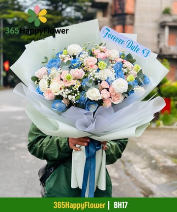 Bó hoa pastel hồng xanh dương hồng trắng và hồng phấn BH17