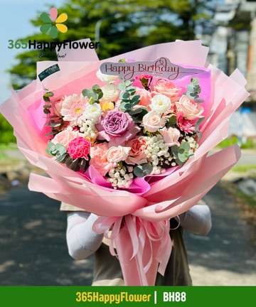 Bó hoa tone hồng pastel hồng da đồng tiền và cẩm chướng BH88