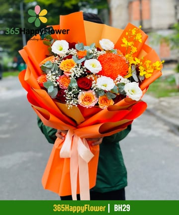 Bó hoa mix hồng cam hồng đào và hồng đỏ giấy cam BH29