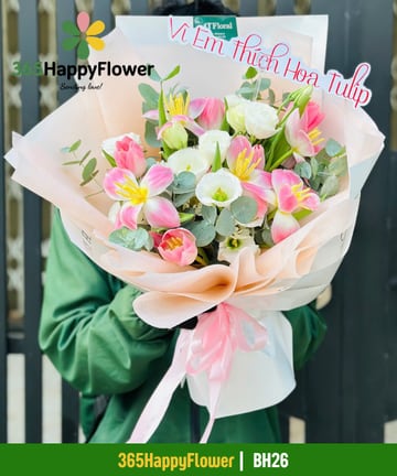 Bó hoa tulip hồng phối hồng trắng gói giấy hồng đào BH26