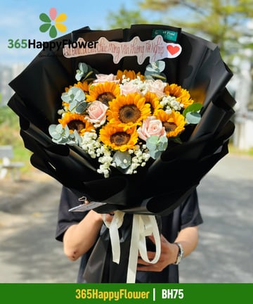 Bó hoa hướng dương phối hồng phấn gói giấy đen BH75