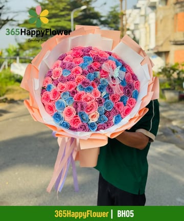 Bó hoa hồng mix màu hồng xanh tím pastel khổ đại BH05
