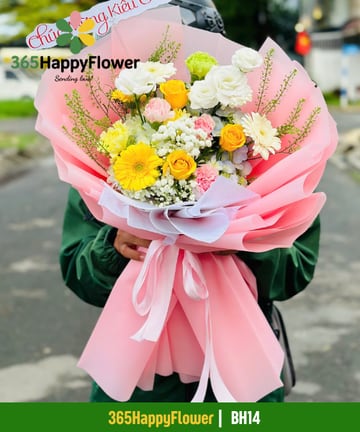 Bó hoa mix hồng vàng đồng tiền và cẩm chướng hồng BH14