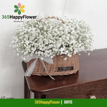 Giỏ hoa baby trắng giỏ mây nâu để bàn nơ ren trắng GH115