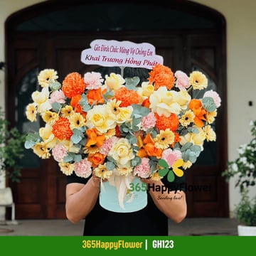 Hộp hoa mẫu đơn cam hồng vàng kem hộp tròn xanh ngọc GH123