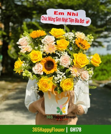Hộp hoa hồng vàng hồng kem hướng dương hộp túi trắng GH178