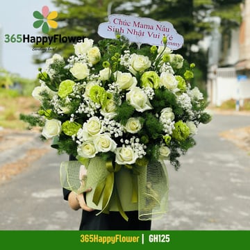 Hộp hoa hồng trắng cát tường xanh lưới voan xanh GH125
