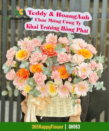 Giỏ hoa cẩm chướng hồng đồng tiền hồng giỏ mây trắng GH183