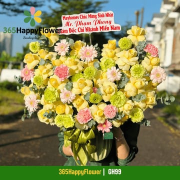 Hộp hoa hồng vàng cẩm chướng xanh cốm hộp tròn xanh lá GH99